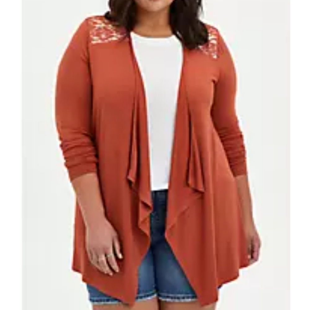 Torrid Super Soft Orange Drape Front Lace Yolk Open Front Cardigan Size M/L